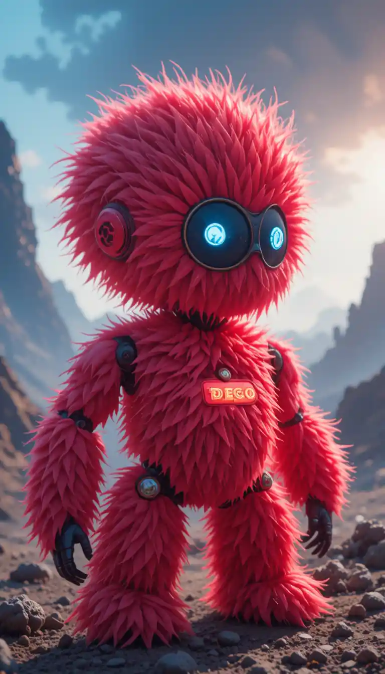 Fluffy red construction toy in a futuristic landscape