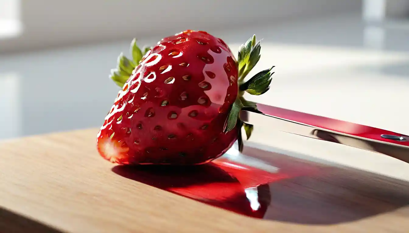 Glass strawberry sliced on wooden board in soft light