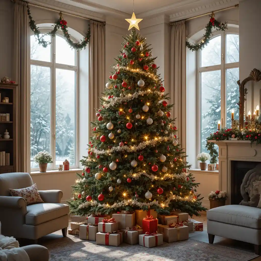 Albero di Natale decorato con regali in un soggiorno accogliente