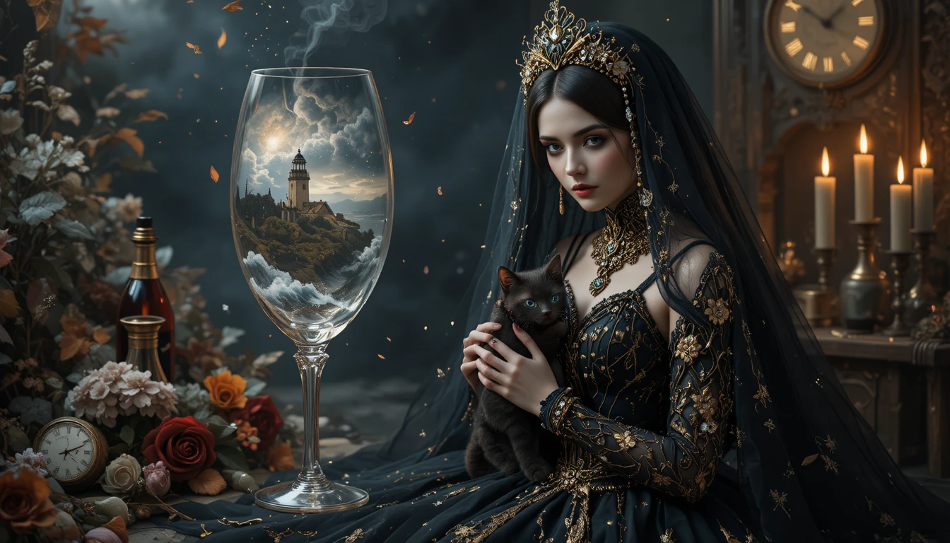 Gothic bride in black veil amid foggy pagan garden