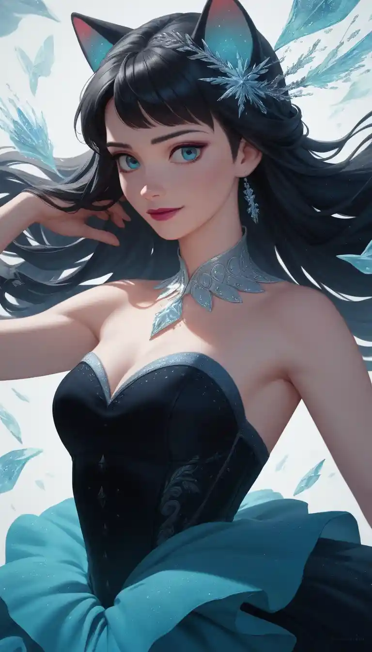 Garota de anime mística com cabelo preto e orelhas de gato
