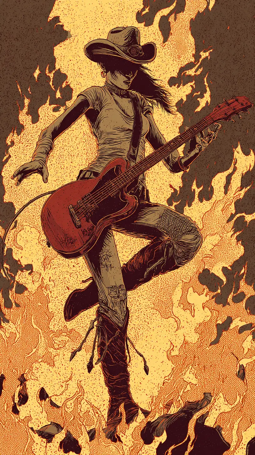 Guitarrista cowgirl ajoelhada em chamas com vibração de fantasia rock