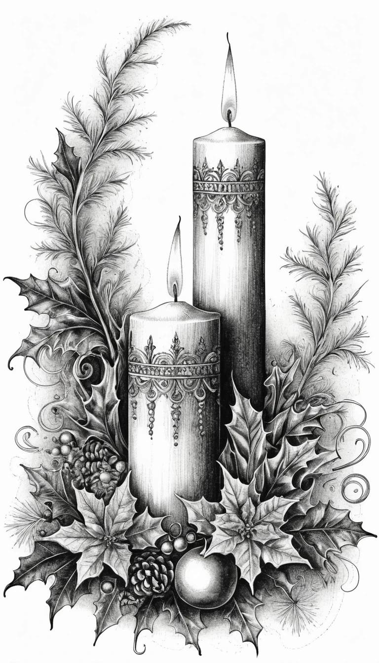 Filigranes Schwarz-Weiß-Tinten-Kerzenillustrationsdesign