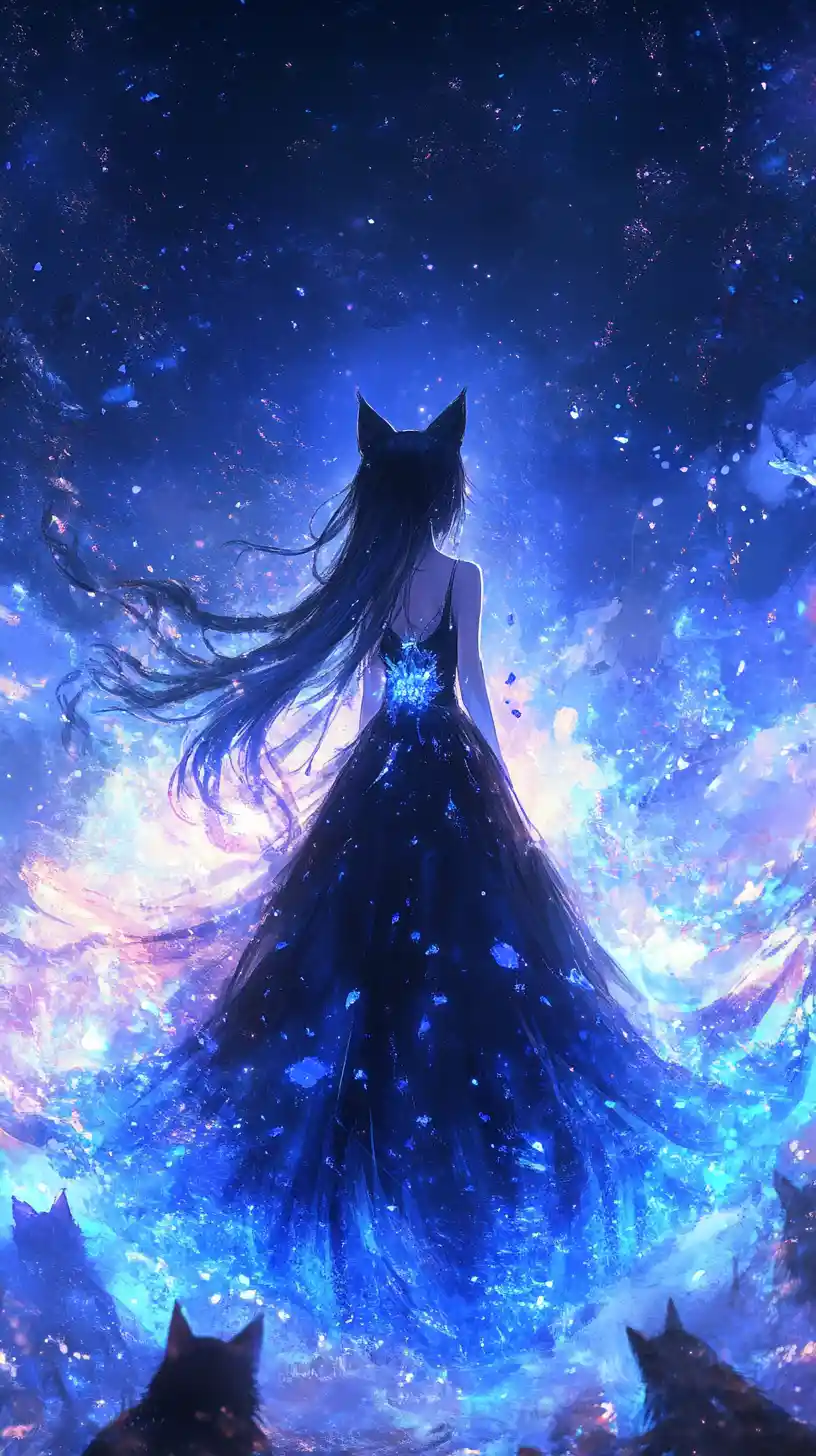 Elegant anime woman with cat ears in an evening sky