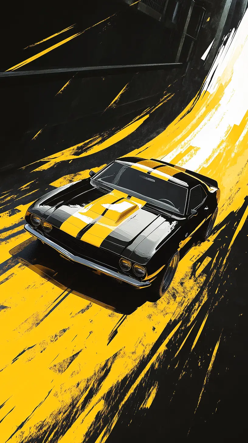 Black muscle car racing along a bright yellow road