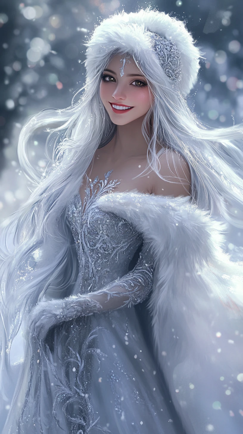 Élégante femme aux cheveux argentés en robe d’hiver étincelante