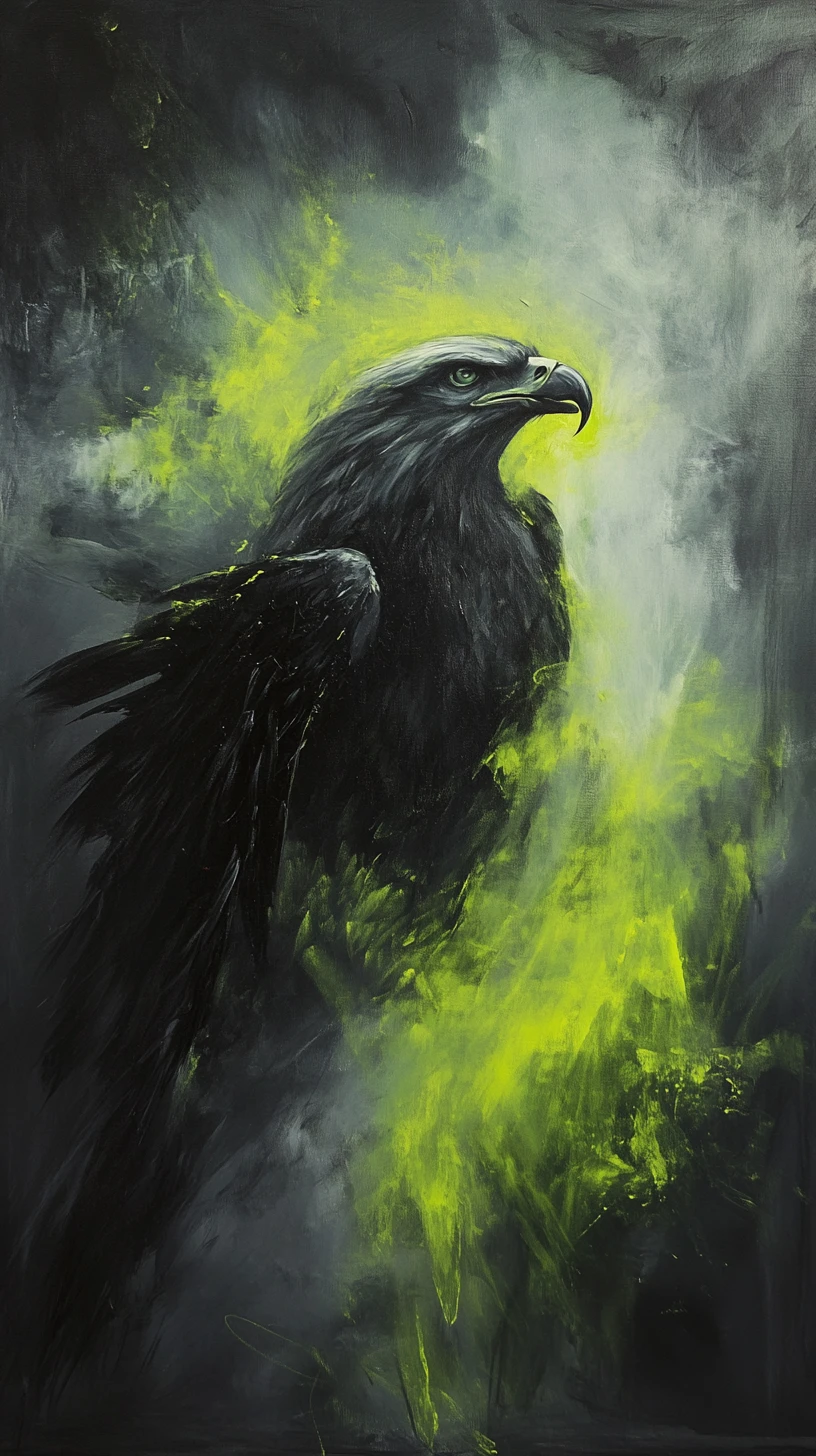 Pintura al óleo surreal de un águila andina entre humo