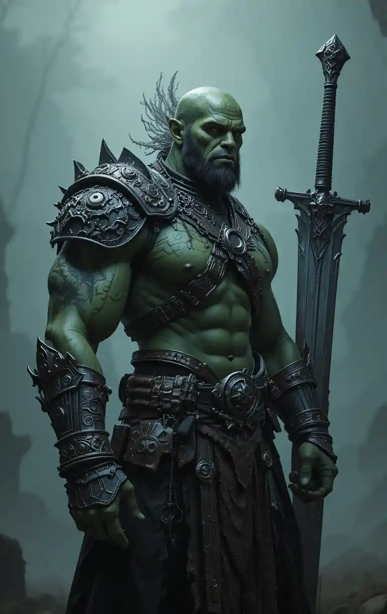 Armored green orc warrior with massive sword in misty backdrop