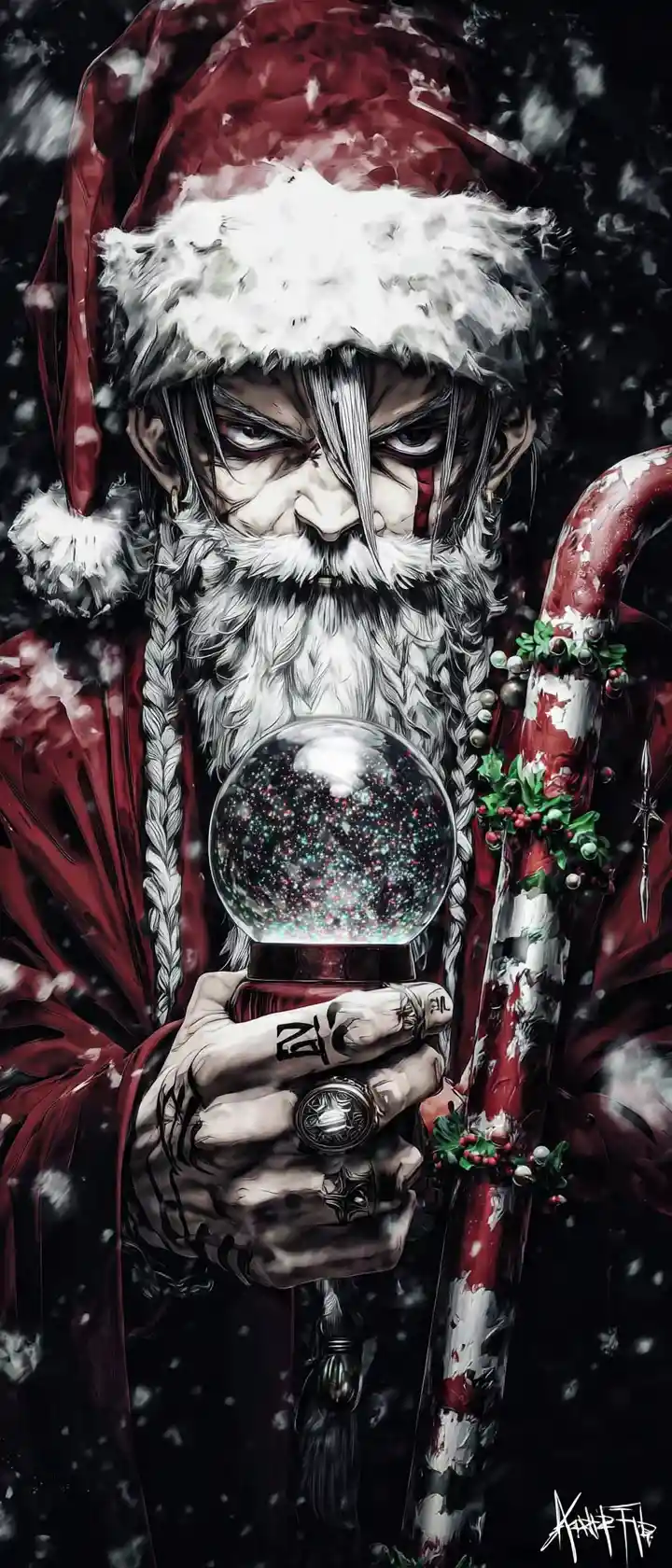 Battle worn Christmas wizard holding glowing snow globe