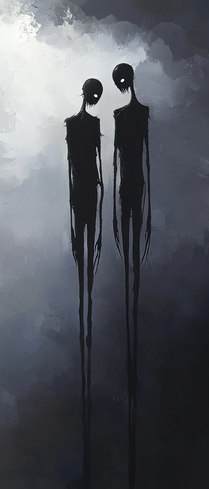 Duas figuras de anime distorcidas sob um céu cinza austero