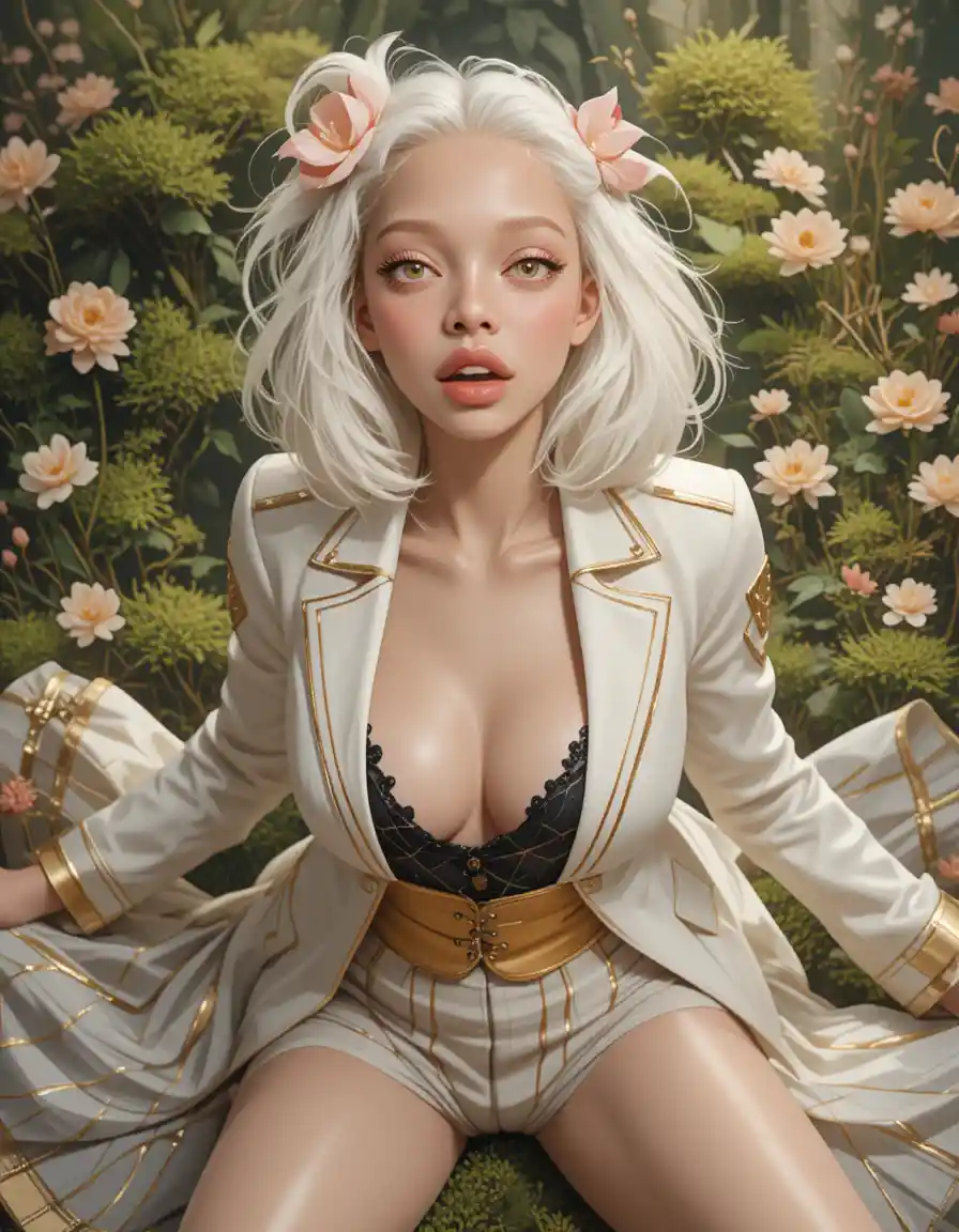 Mujer de anime avergonzada posando sobre un lecho de flores musgoso