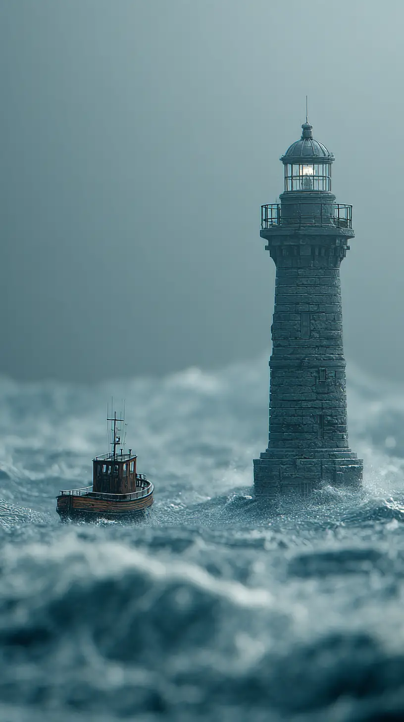 Piccolo rimorchiatore che passa accanto a un imponente faro in mare in tempesta