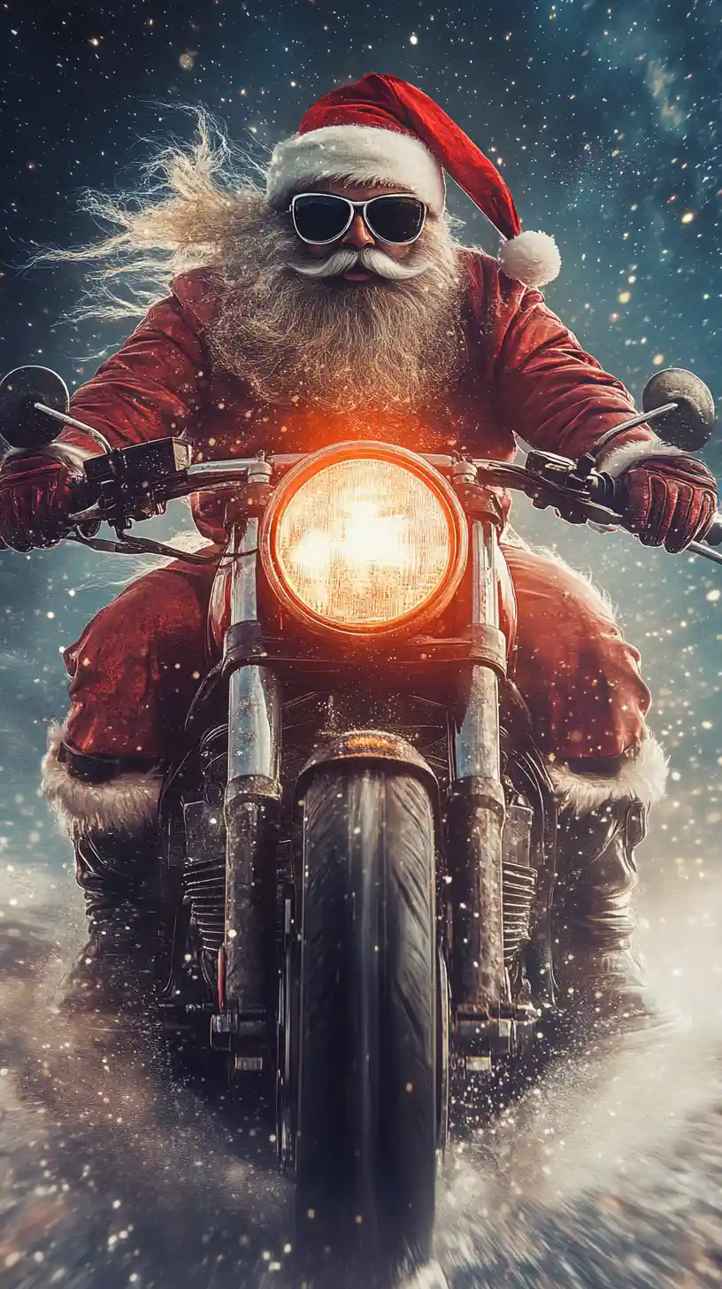 Santa alienígena cabalga una potente motocicleta a través de la nieve cósmica