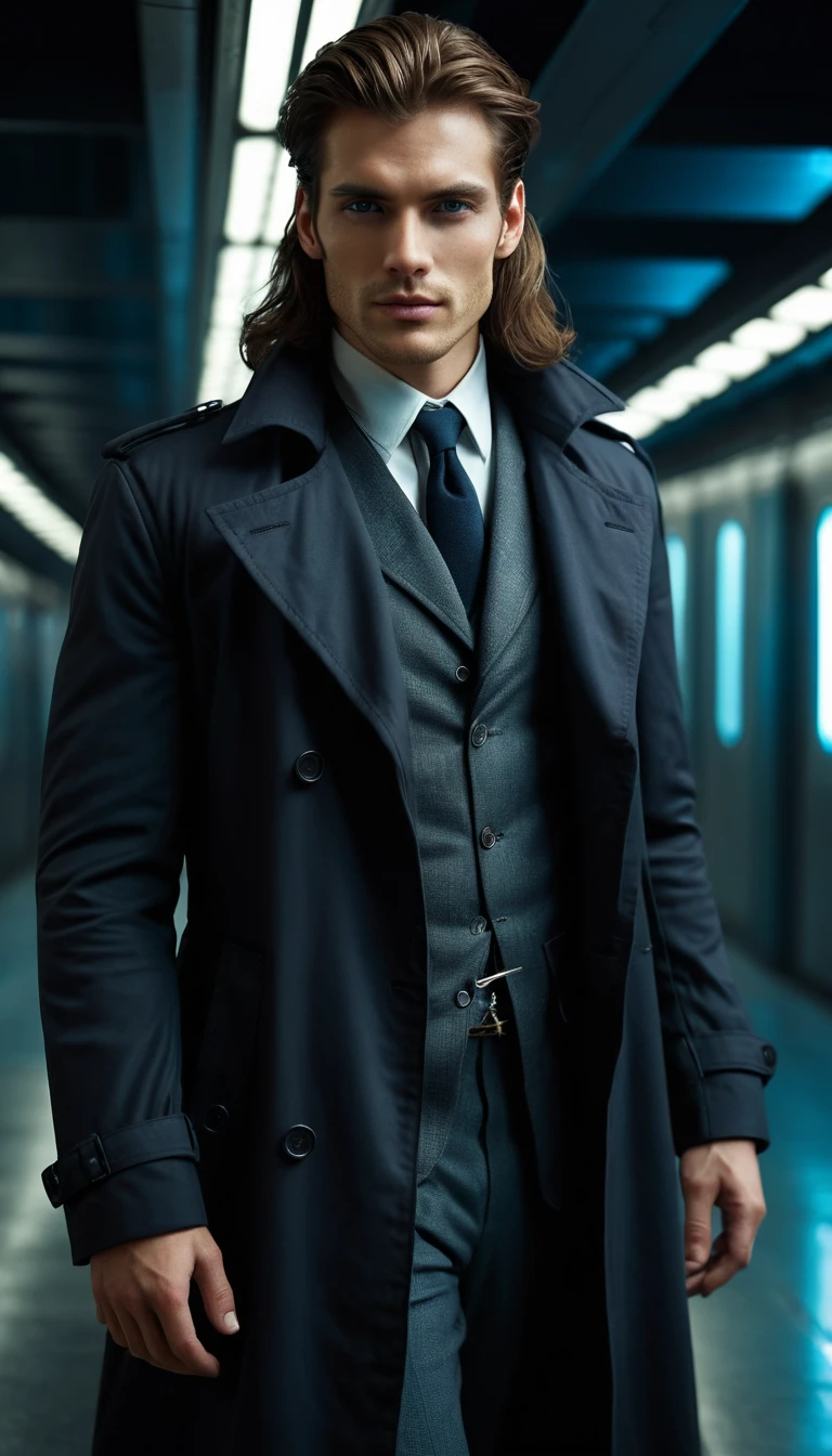 Charming European man in dark trench coat portrait
