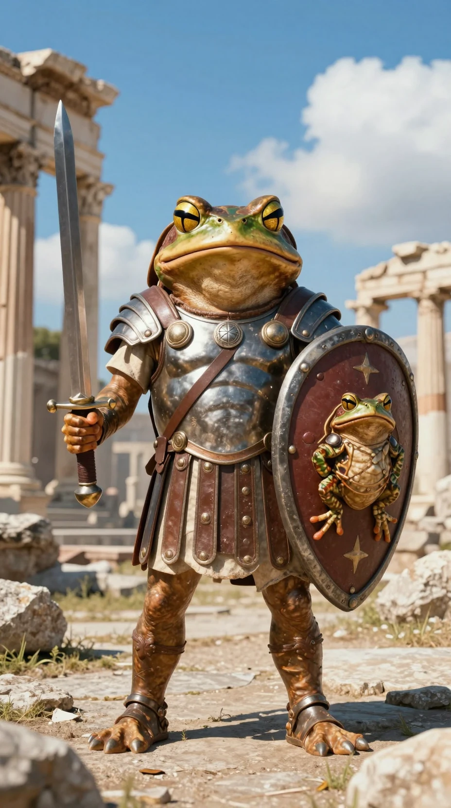 Guerrier crapaud blindé devant d’anciennes ruines romaines