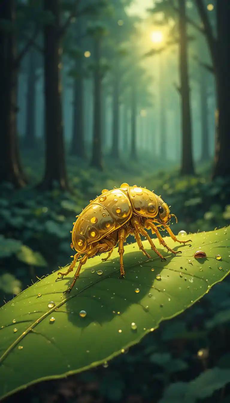 Golden beetle resting on a dewy leaf in forest light