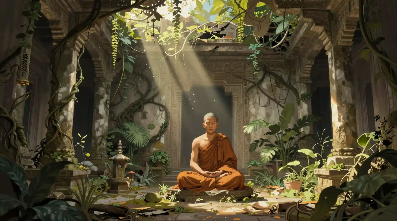 Mönch meditiert in sonnenbeschienenen, überwucherten Tempelruinen