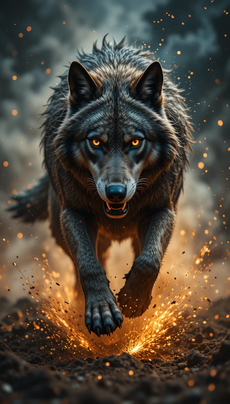 Lobo avançando pela poeira brilhante em câmera lenta cinematográfica