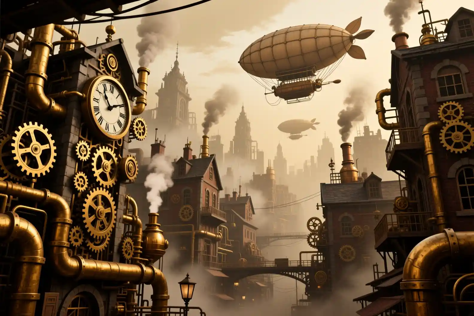 Ciudad Steampunk Sórdida con Dirigibles en un Cielo Sepia