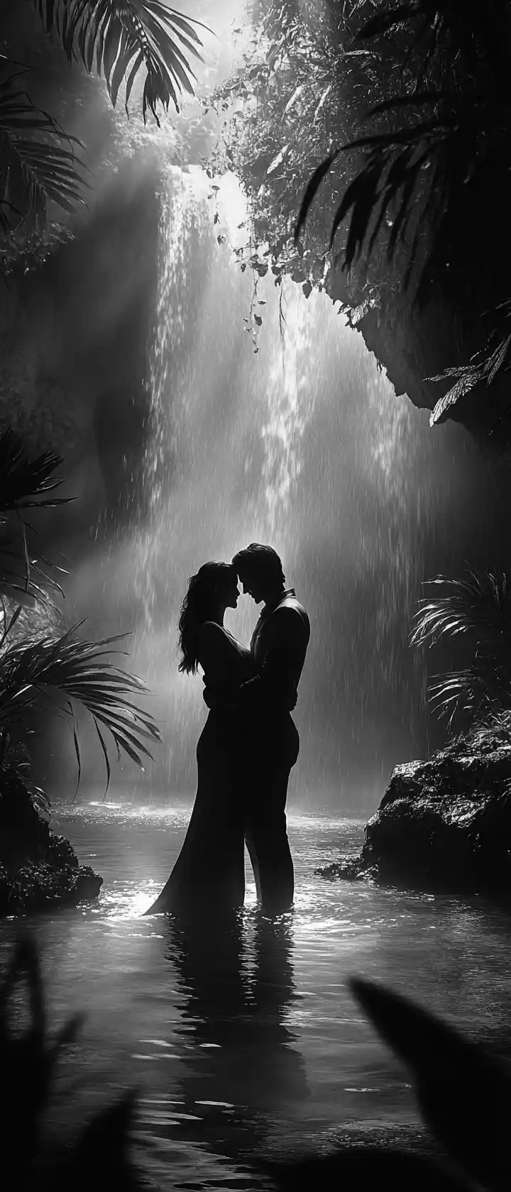 Pareja romántica abrazándose bajo una cascada neblinosa al anochecer
