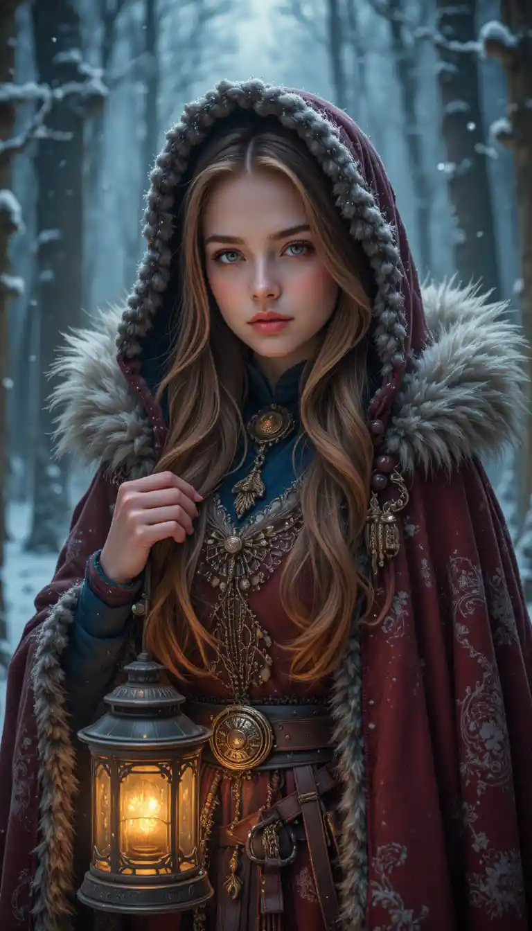 Young woman with lantern in a snowy forest at night