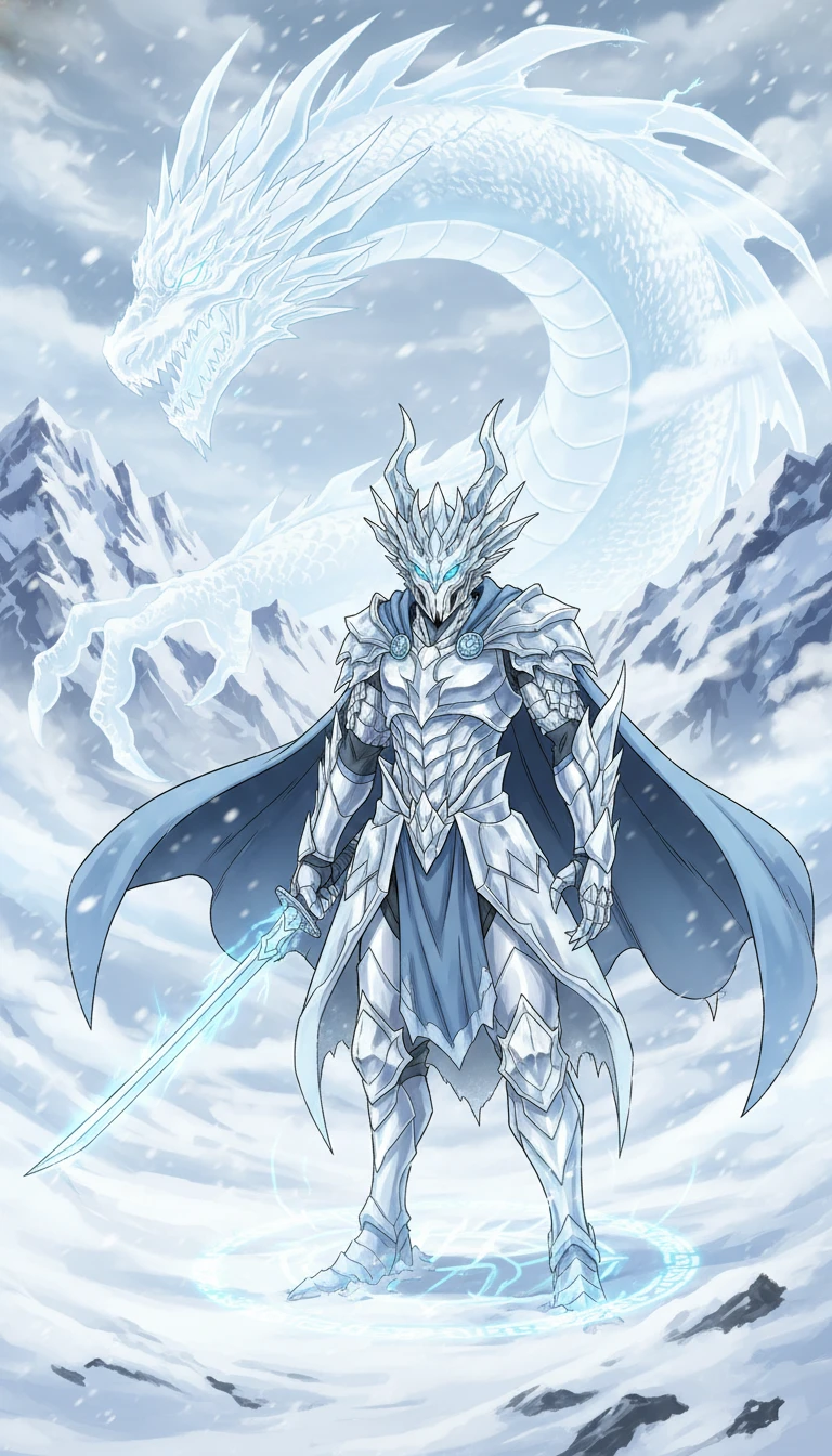 Guerrier dragon de neige en armure de glace blanche dans les montagnes (anime)