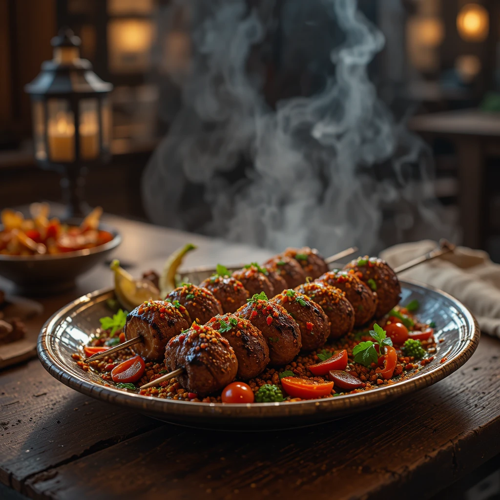 Scheich-Kebab-Teller auf rustikalem Holztisch im warmen Licht