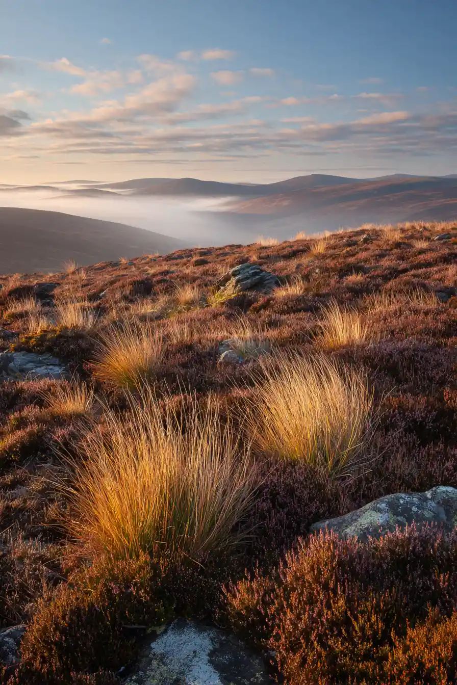 High view across a misty purple moor at sunrise