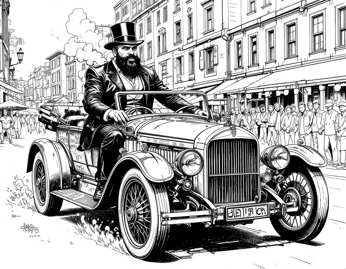 Homem barbudo de terno preto dirigindo carro vintage na cidade
