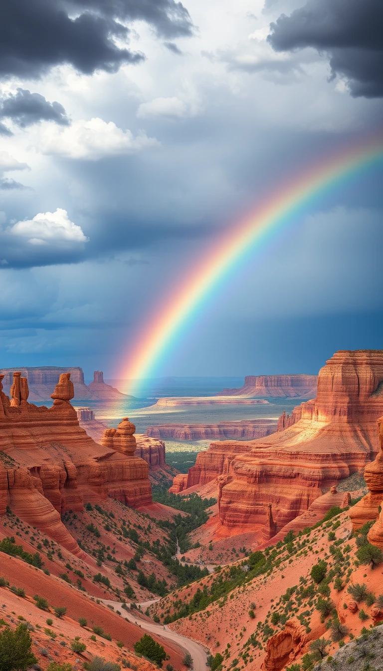 Canyon desertico tempestoso con rocce imponenti e arcobaleno