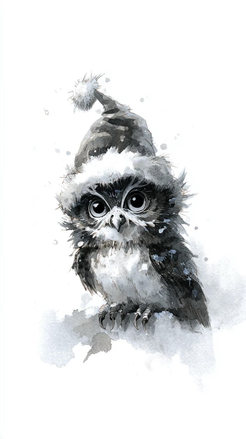 Coruja de Natal em Aquarela Fantasiosa com Olhos Brilhantes