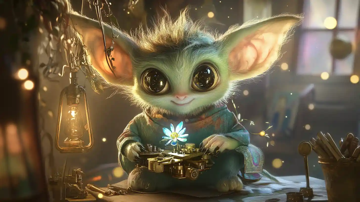 Süßes Baby-Goblin baut ein magisches Blumen‑Gerät