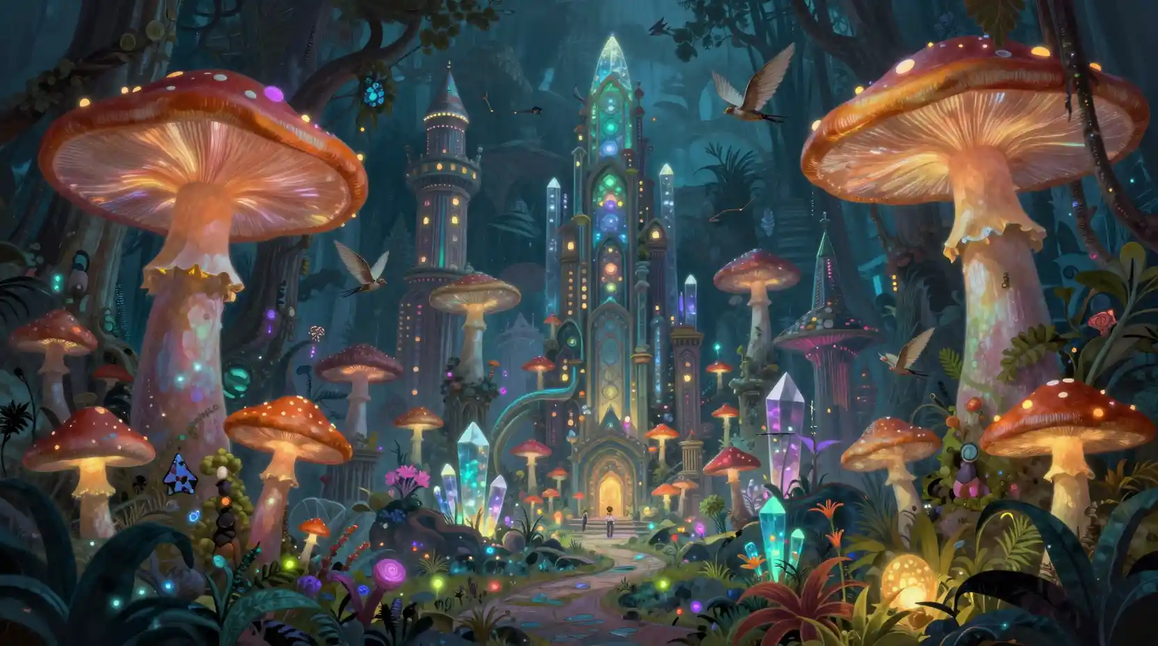 Bioluminescent Mushroom City In An Alien Jungle At Night