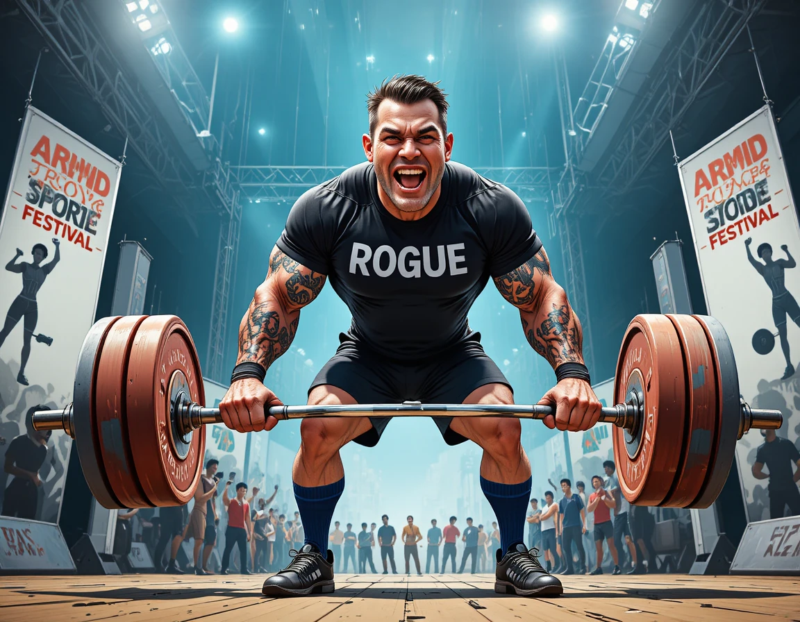 Strongman lifting heavy barbell at sports festival