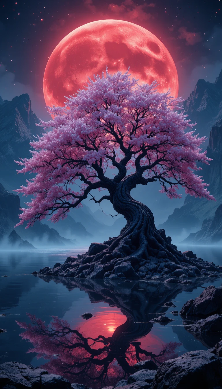 Luna cremisi sopra un antico sakura accanto a un lago di montagna immobile