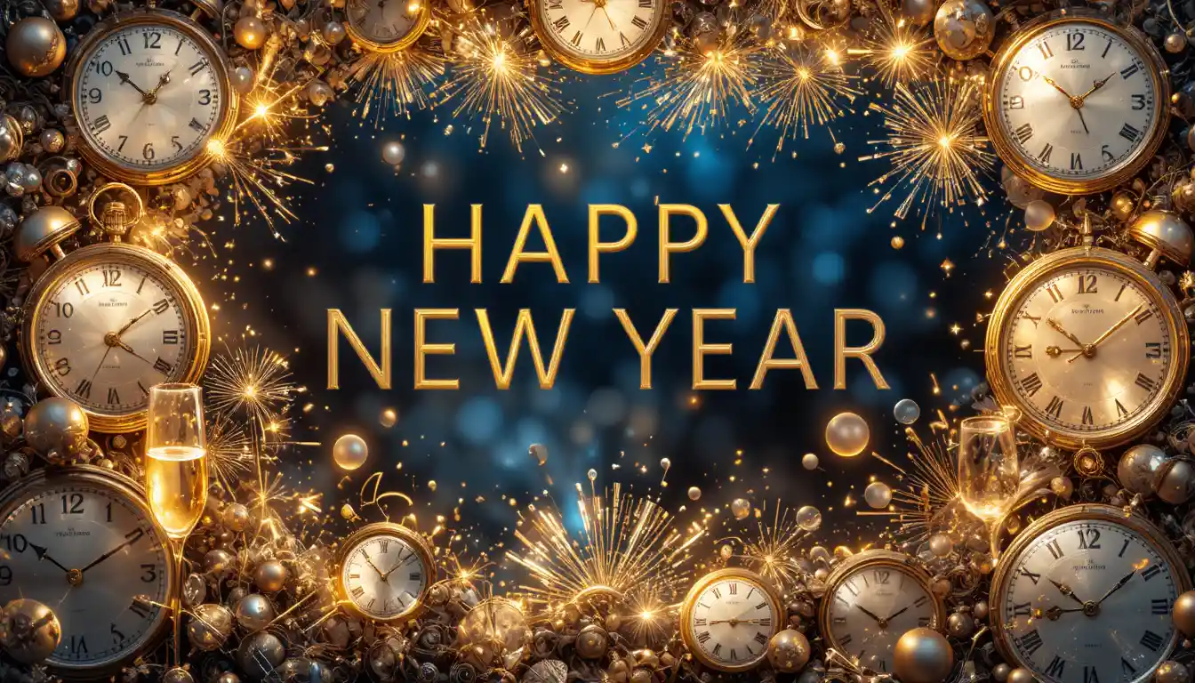 Colorful abstract new year clocks with champagne fireworks