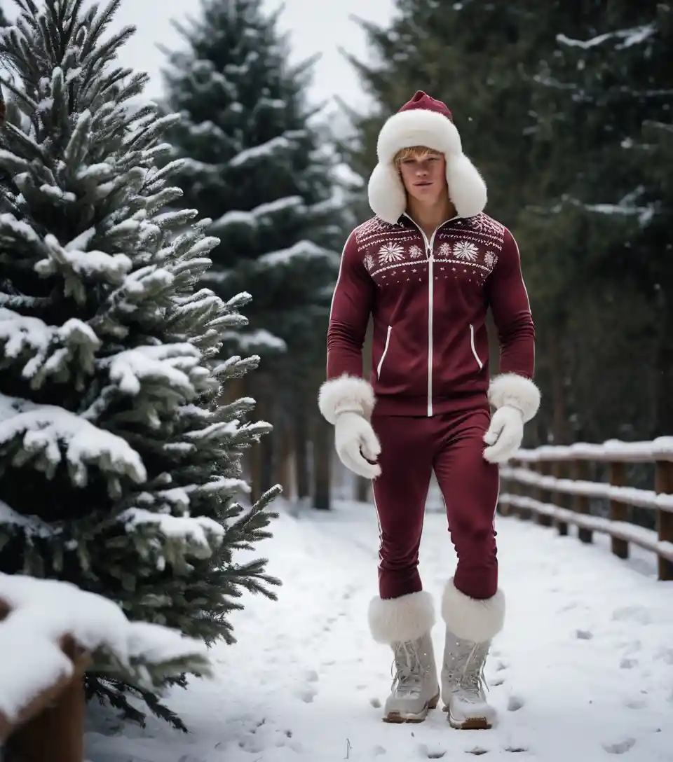 Jeune homme blond marchant dans une forêt d’hiver enneigée