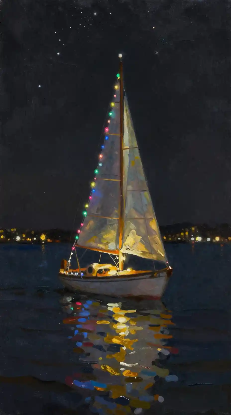 Sailboat With Christmas Lights On Calm Starry Night Water
