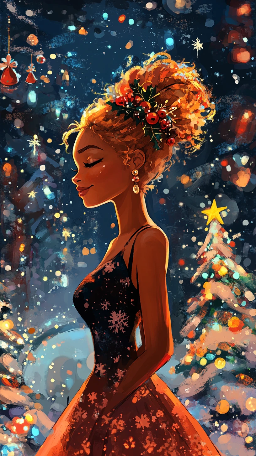 Happy brown skinned girl in a magical christmas landscape