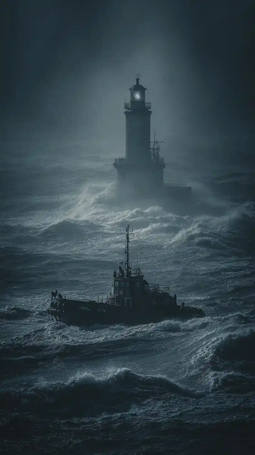 Tugboat Battles Stormy Waves Beside Foreboding Stone Lighthouse