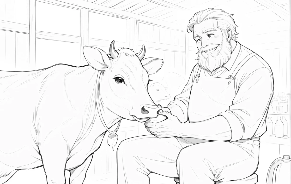 Happy grandfather milking a cow in a rustic barn
