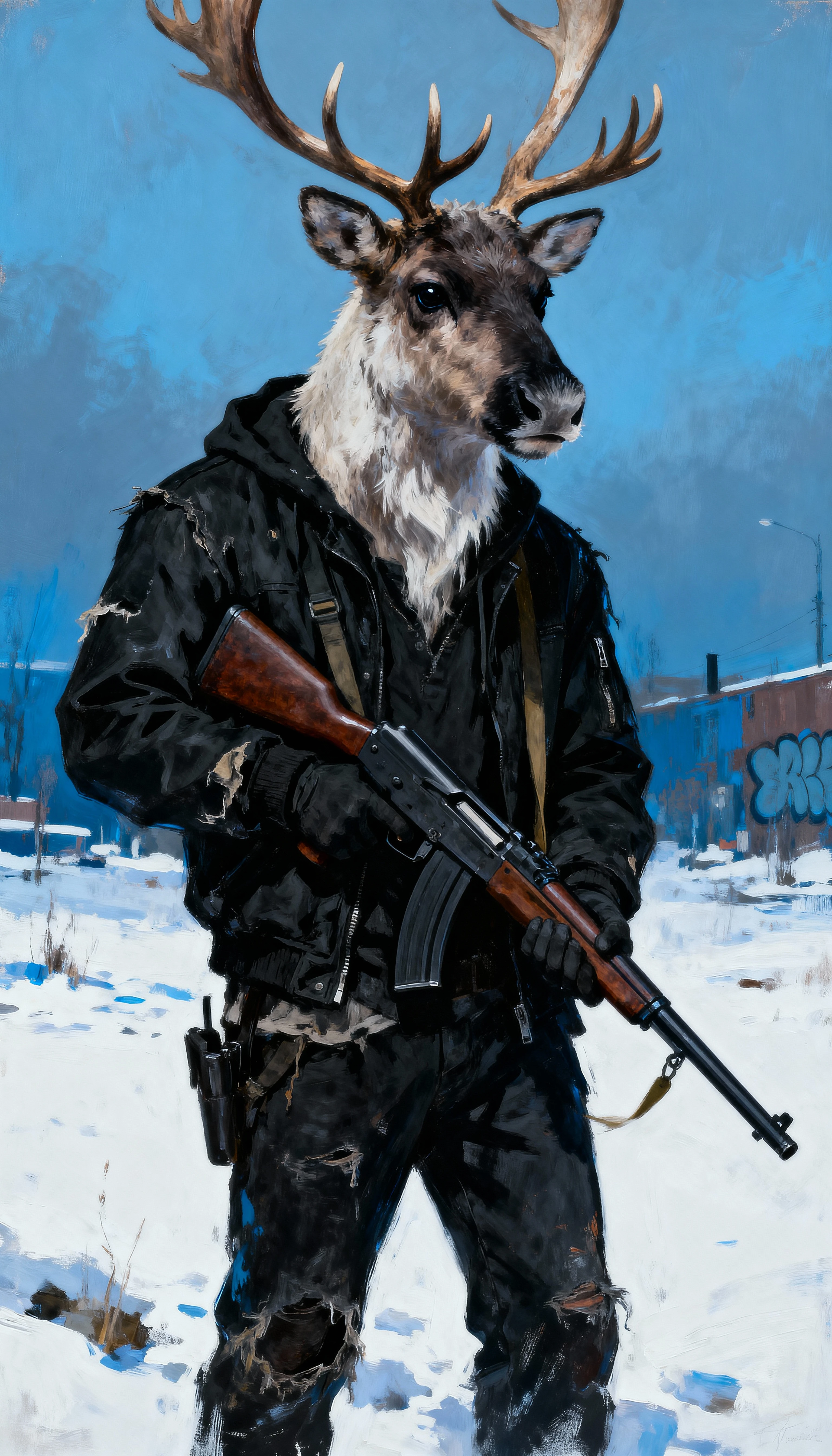 Reno con rifle y ropa urbana oscura en la nieve
