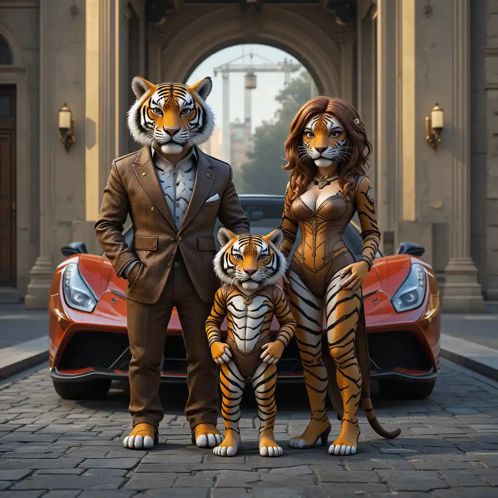 3D tiger family in suits outside a luxurious mansion