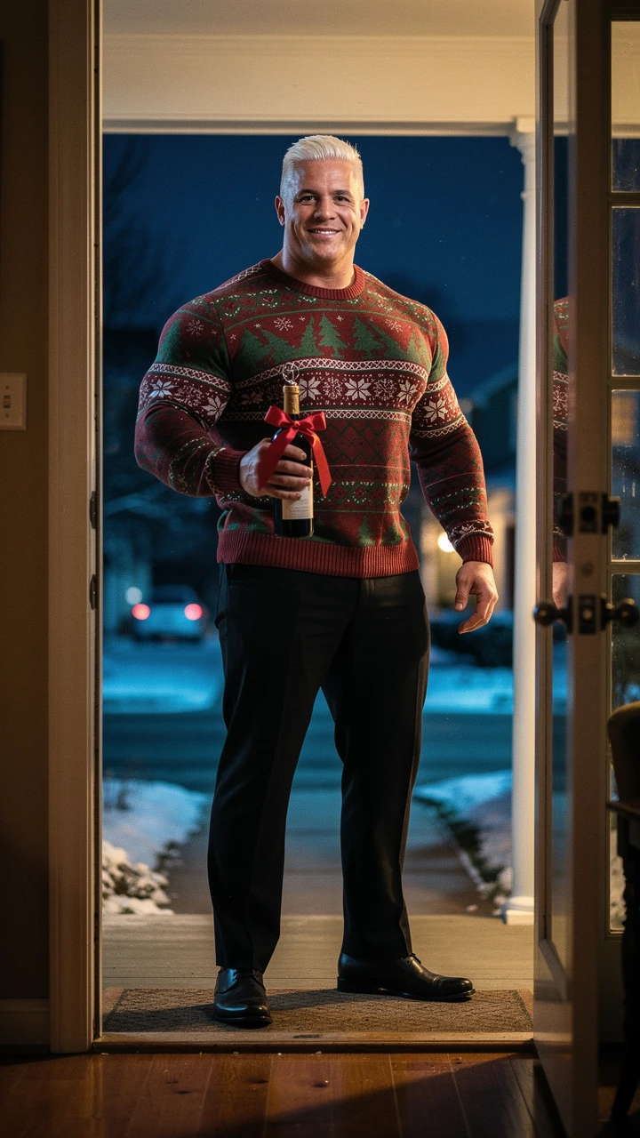 Homem musculoso de suéter de Natal emoldurado pela porta da frente aberta