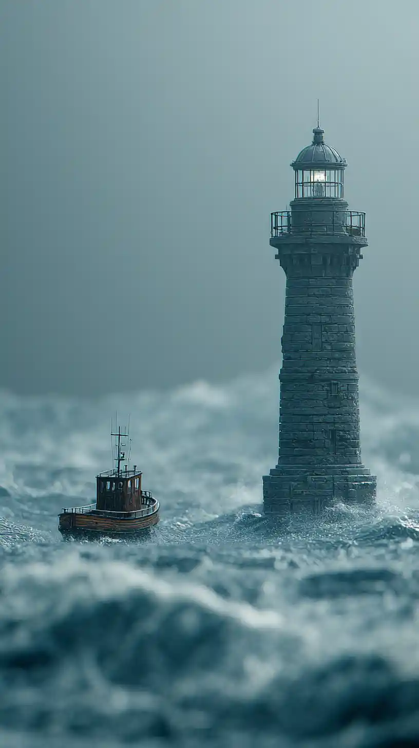 Kleiner Schlepper passiert einen gewaltigen Leuchtturm in stürmischer See