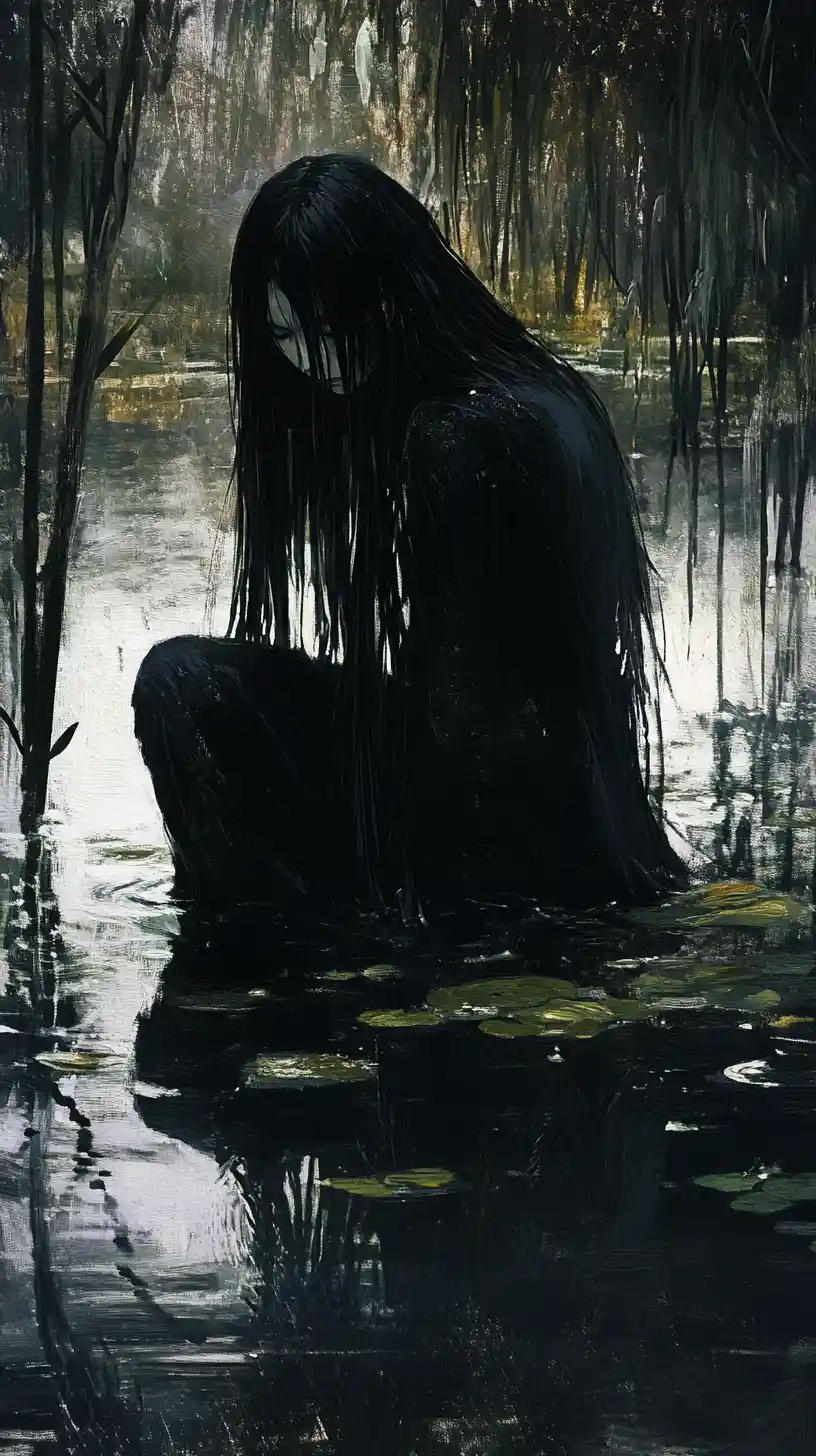 月光照耀的沼澤水池中蹲伏的黑髮女子