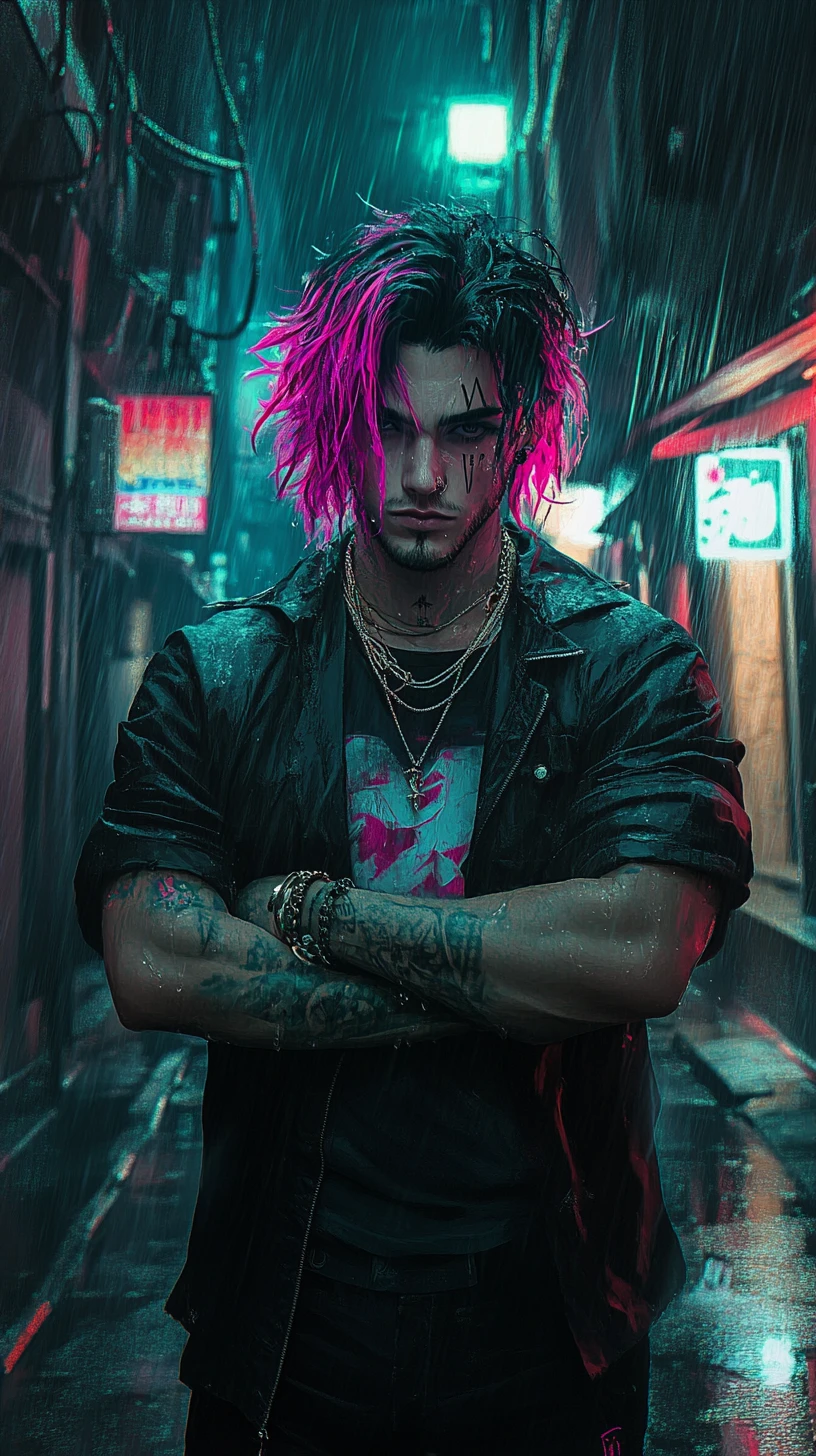Homem de anime de cabelo rosa em beco chuvoso iluminado por neon