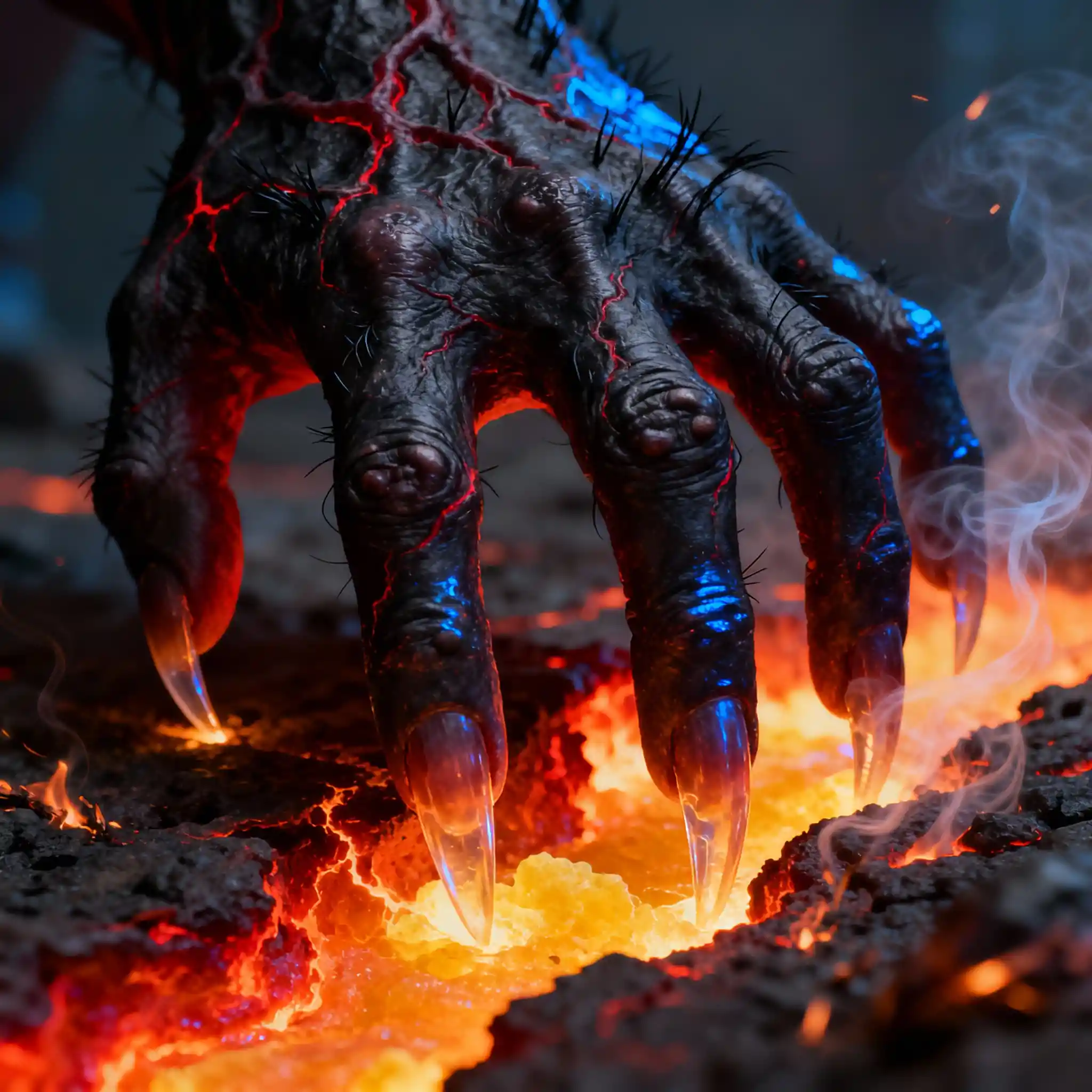 Mano demoniaca che graffia tra fuoco e zolfo in macro dettaglio