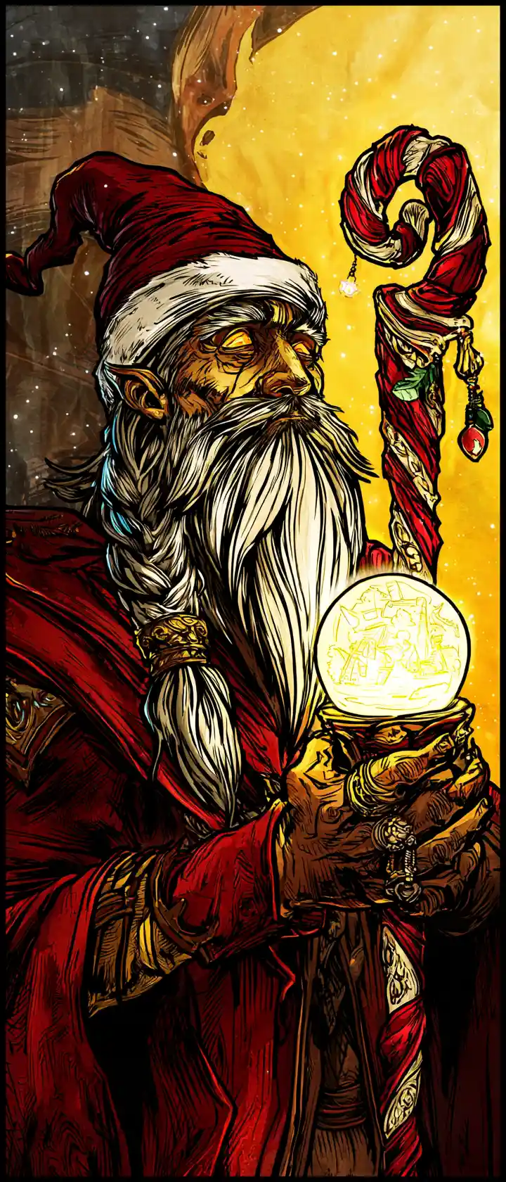 Battle worn arcane wizard holding a glowing Christmas snow globe