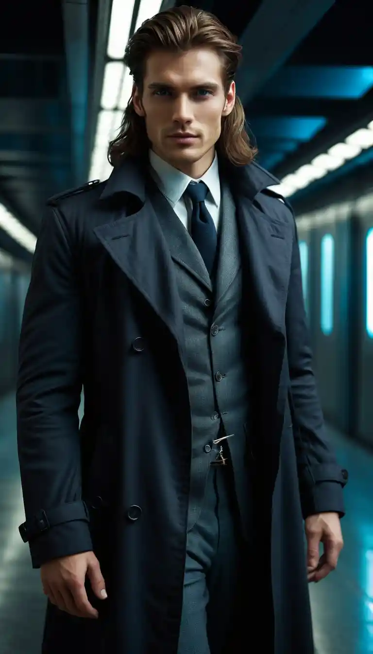 Charming European man in dark trench coat portrait